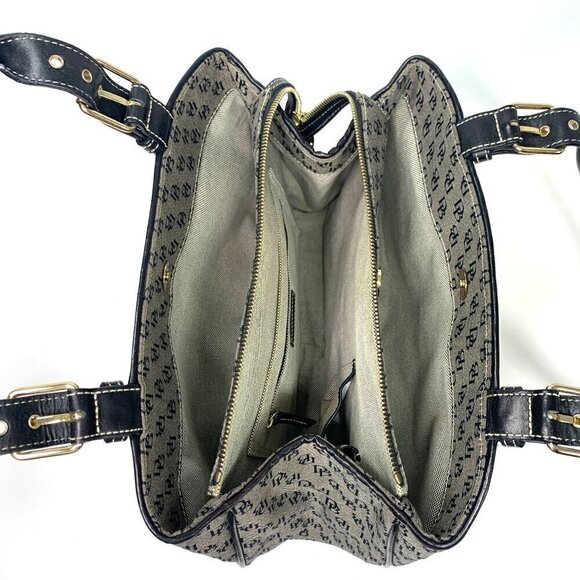 Dooney & Bourke Leather Trim Signature Buckle Satchel Grey Canvas Black Leather - Picture 5 of 13
